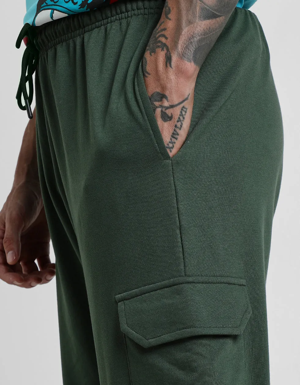 Olive Green Solid Baggy Fit Cargo Joggers