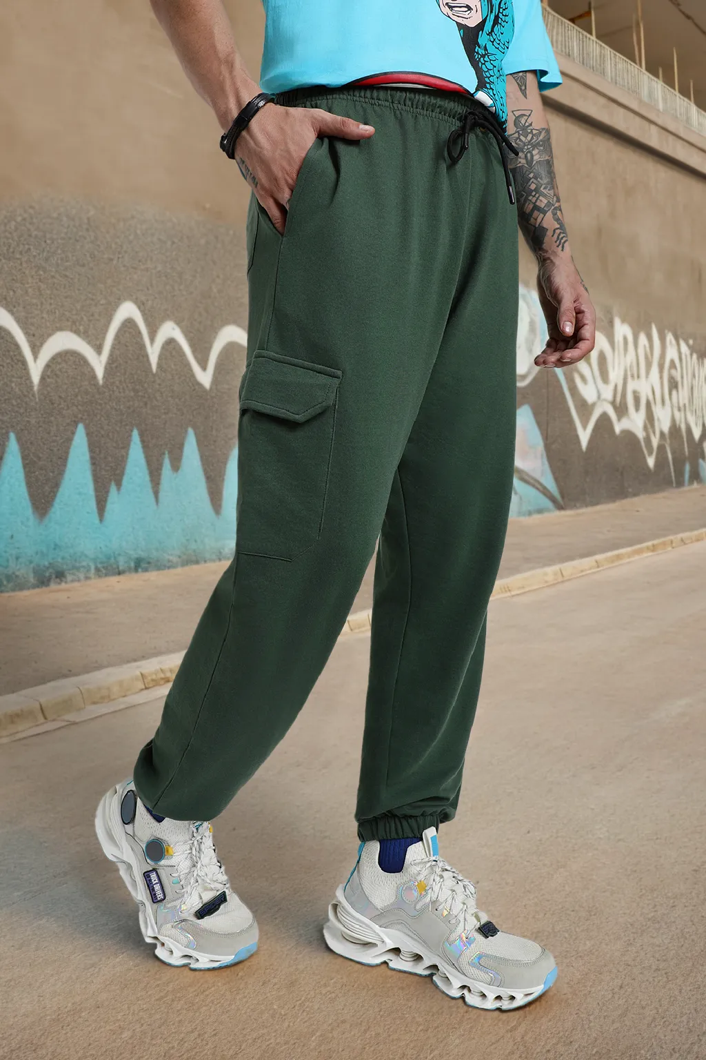 Olive Green Solid Baggy Fit Cargo Joggers