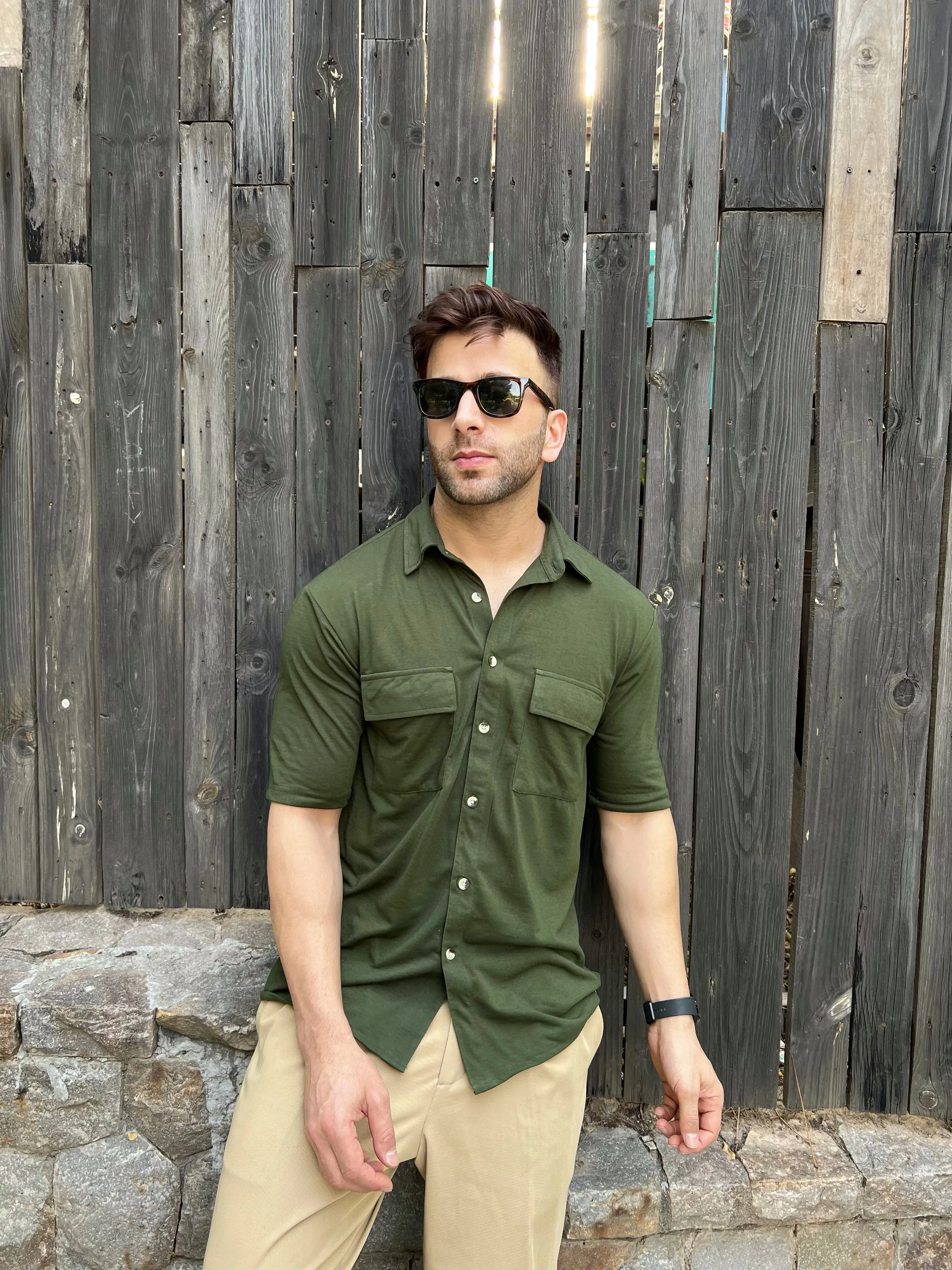 Olive Oversized Double Pocket Knitted Shirt