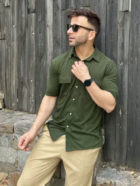 Olive Oversized Double Pocket Knitted Shirt