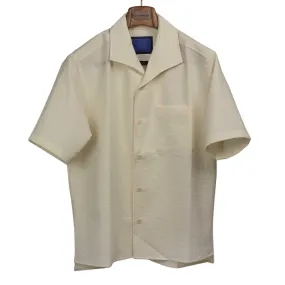 Open collar shirt in cream poly seersucker