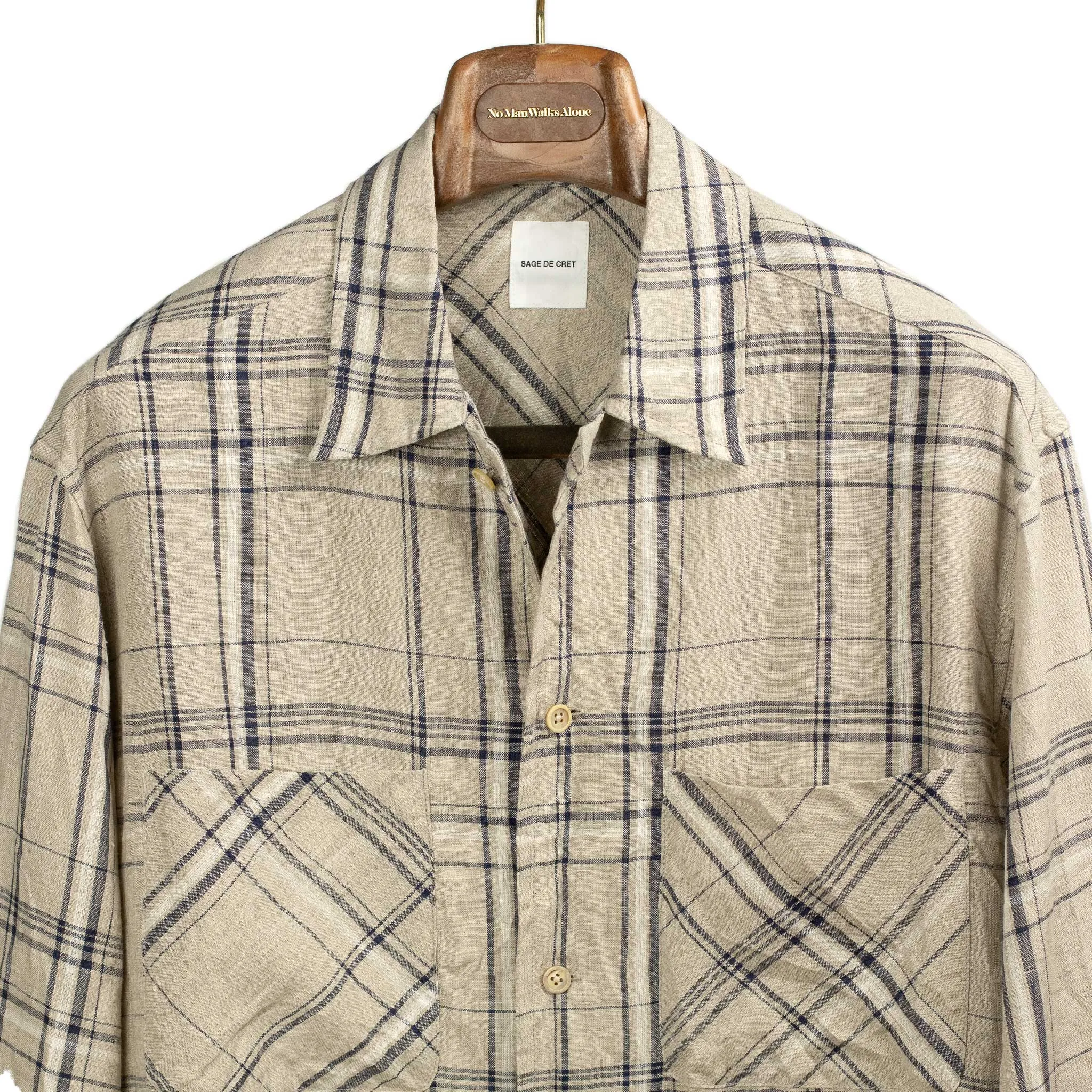 Open collar shirt in natural and navy checked linen