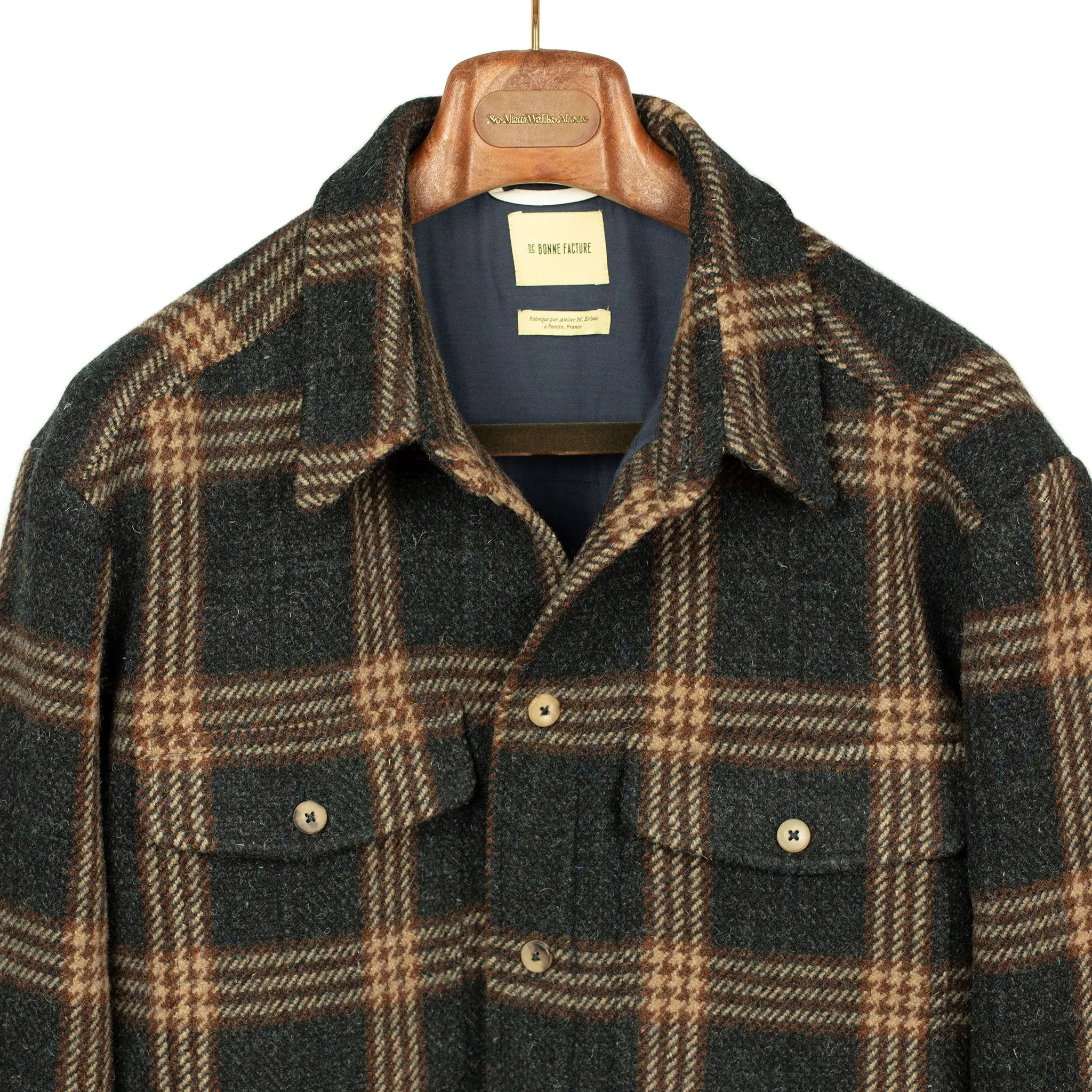 Overshirt in navy, copper, and beige checked wool