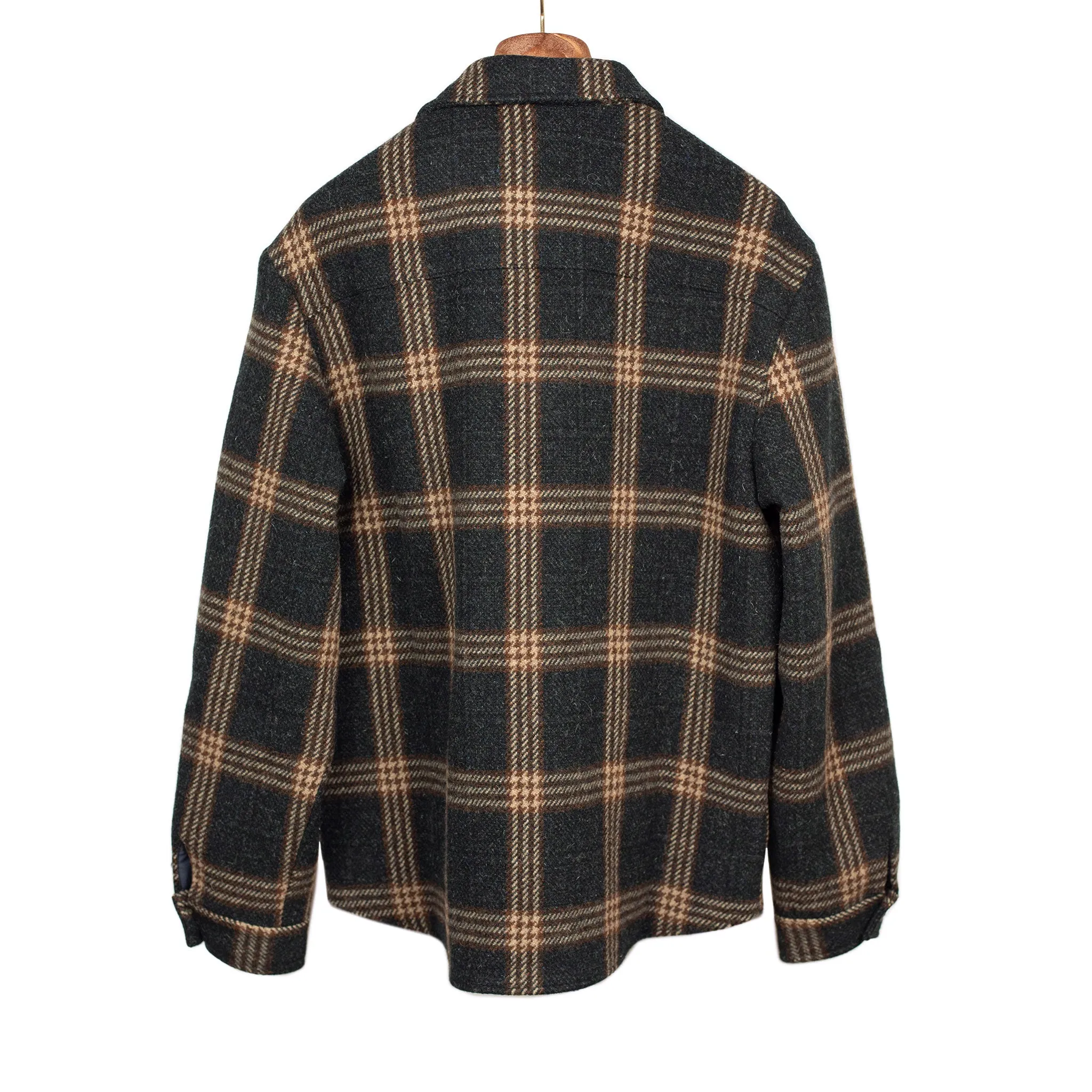 Overshirt in navy, copper, and beige checked wool