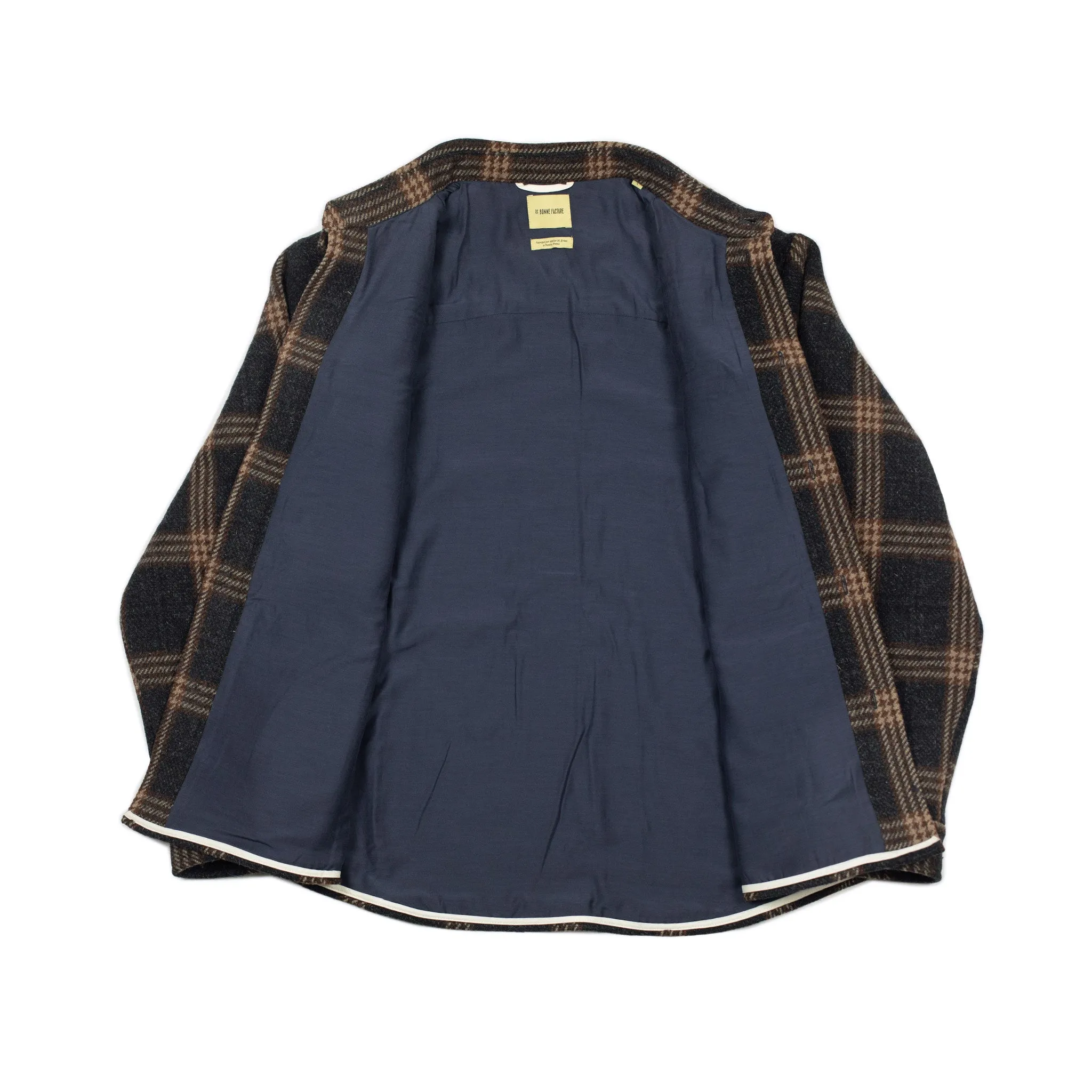 Overshirt in navy, copper, and beige checked wool