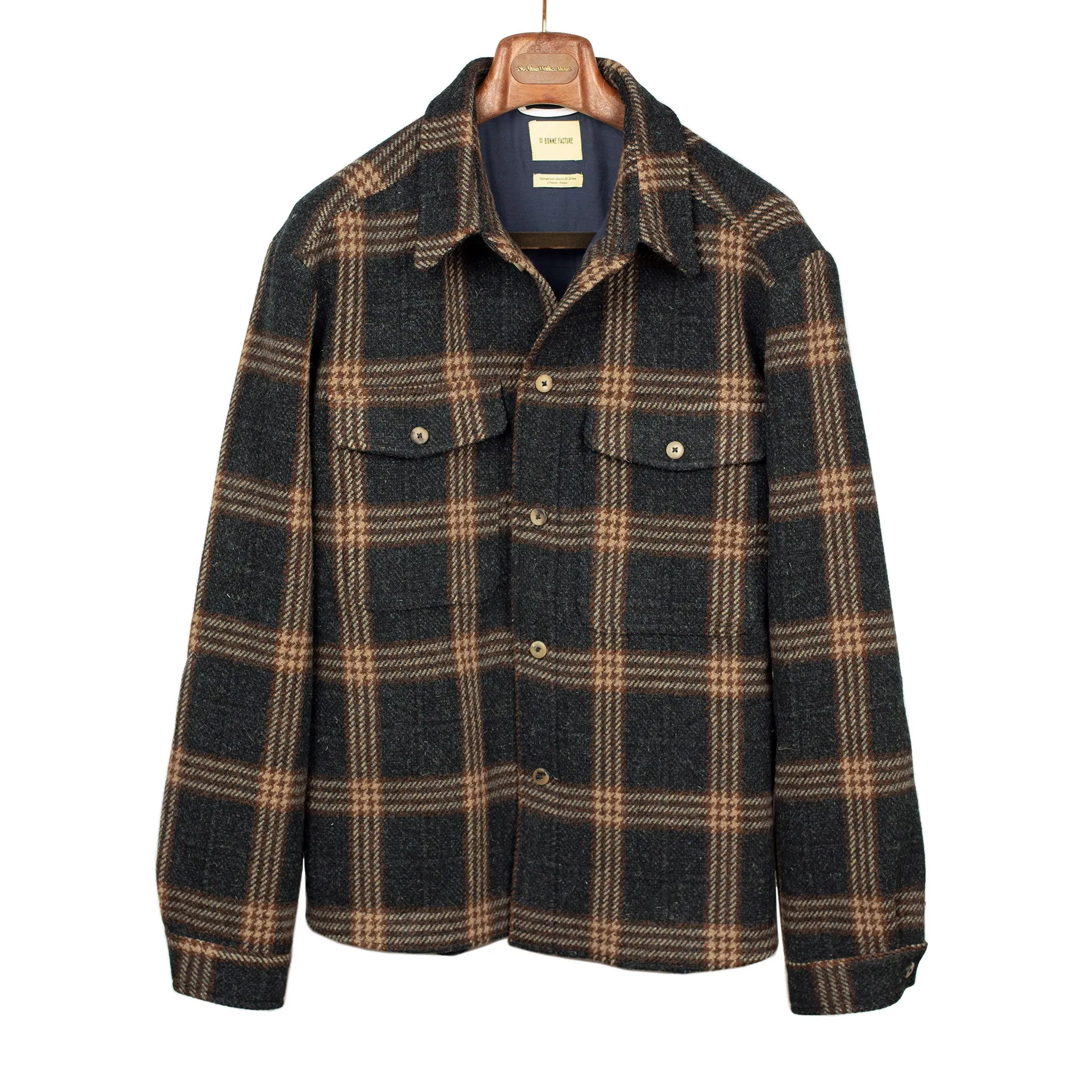 Overshirt in navy, copper, and beige checked wool