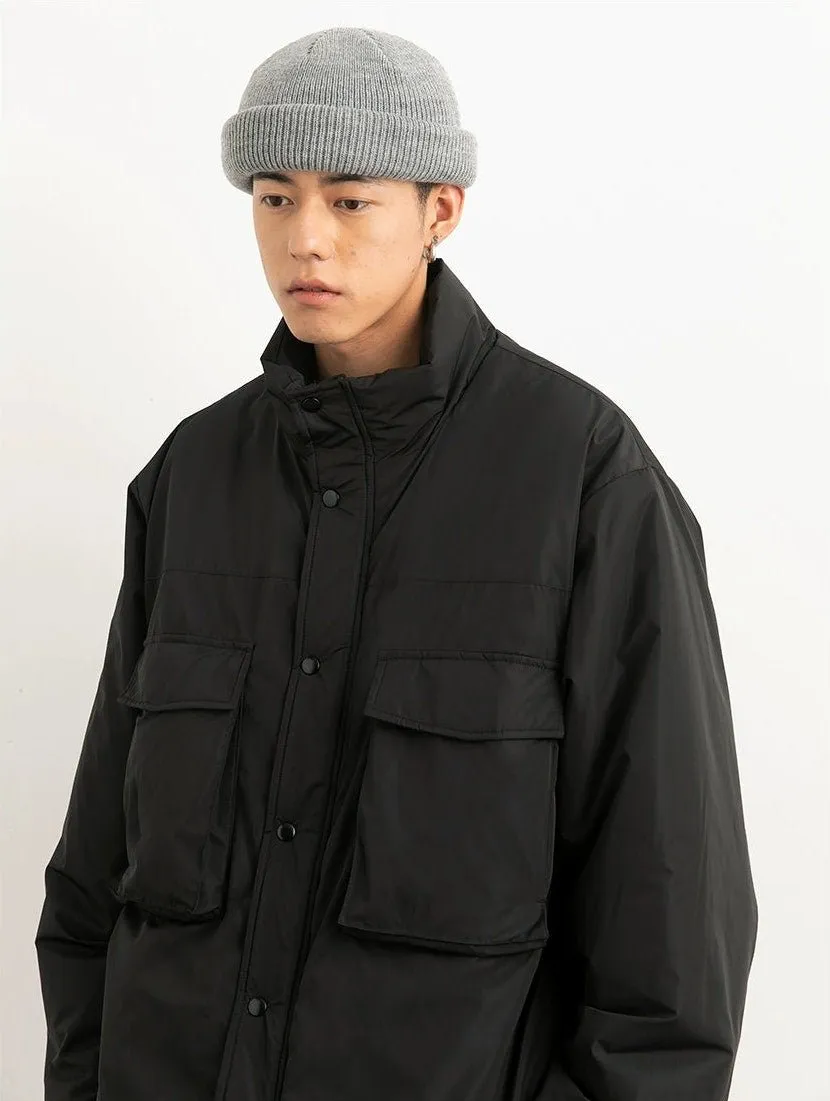 Oversized Snap Button Puffer Jacket with Spacious Pockets