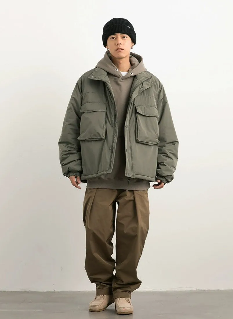 Oversized Snap Button Puffer Jacket with Spacious Pockets