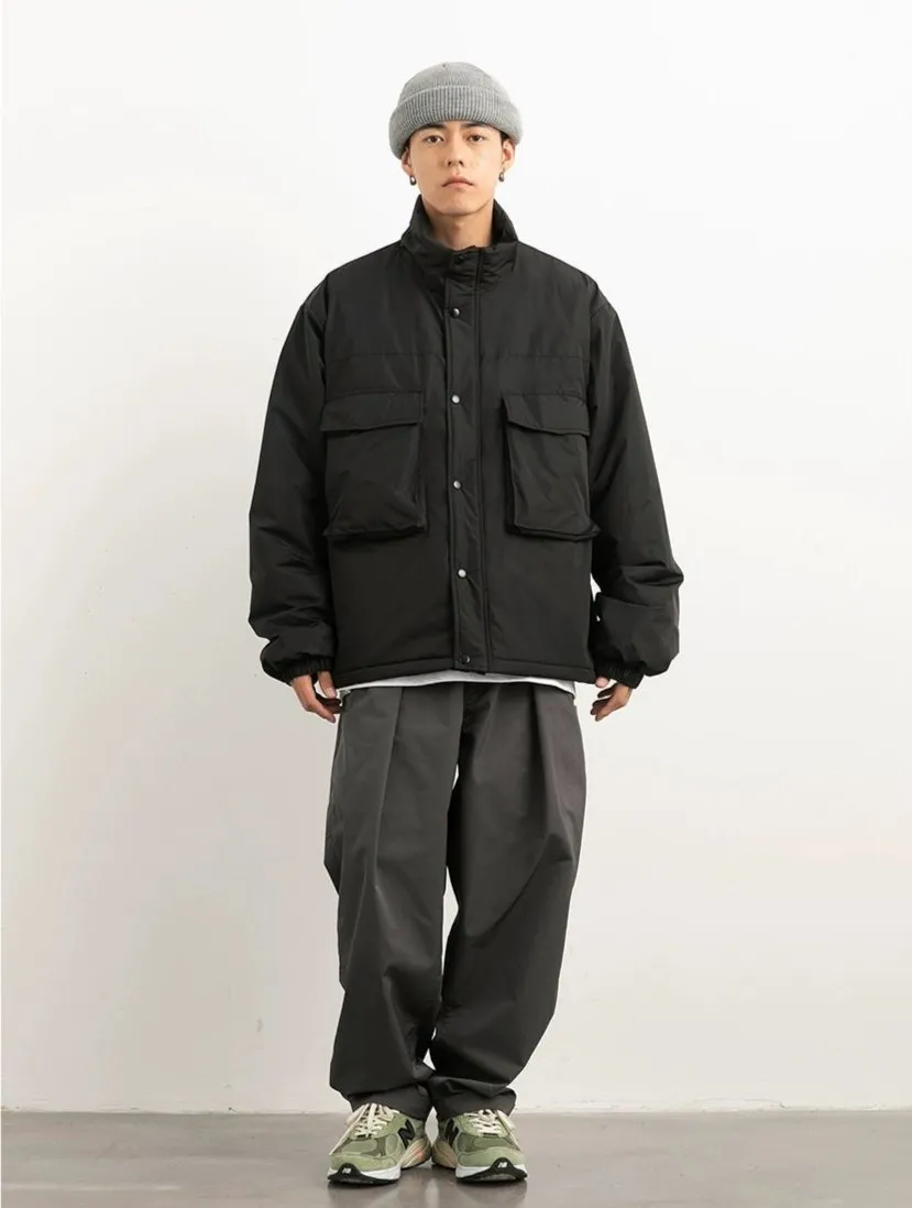 Oversized Snap Button Puffer Jacket with Spacious Pockets