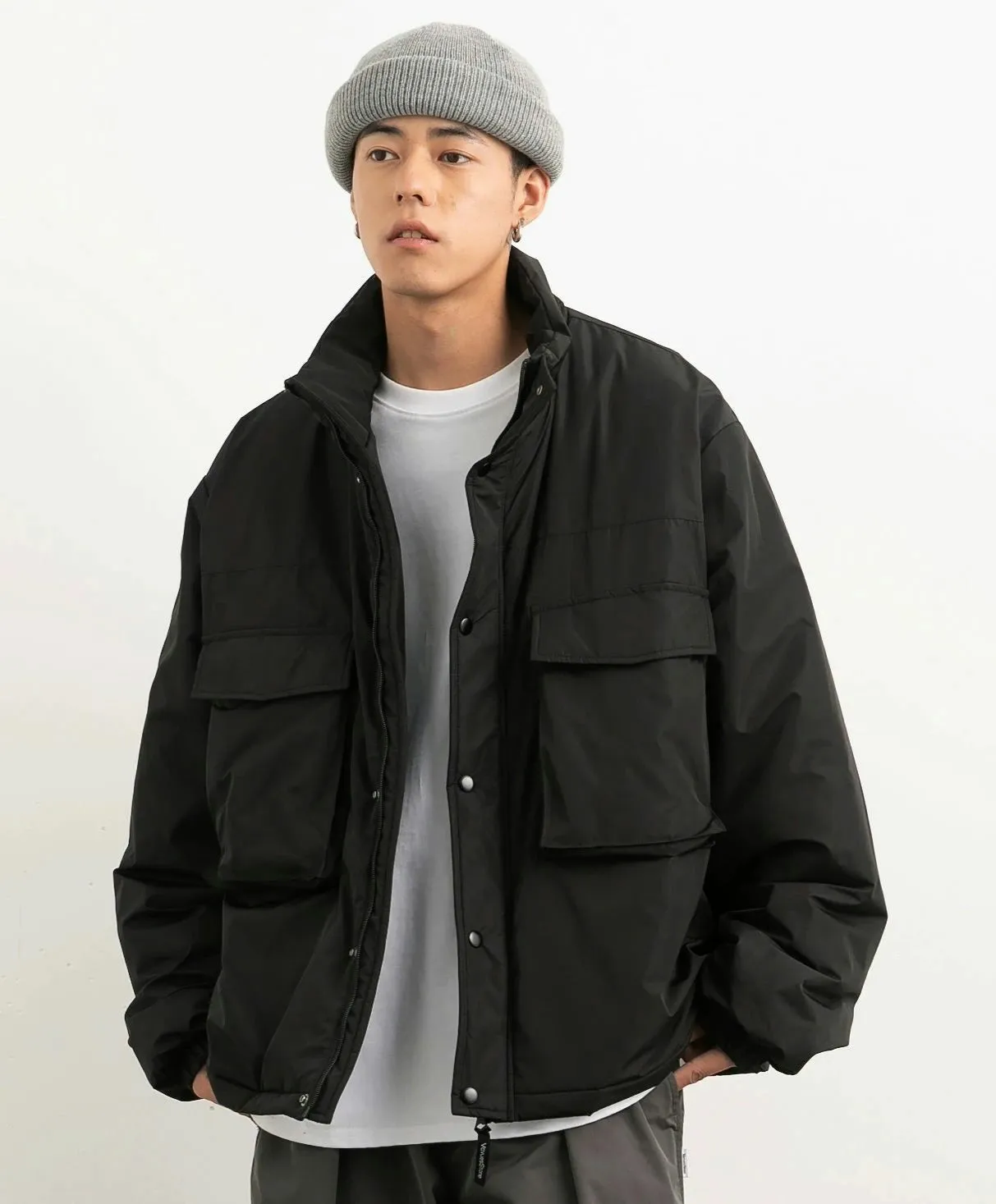 Oversized Snap Button Puffer Jacket with Spacious Pockets