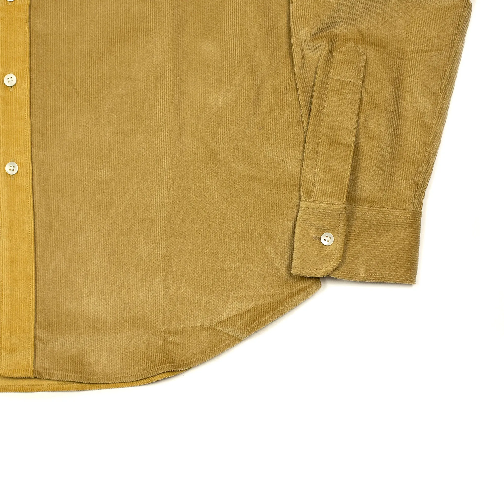 Paneled button down shirt in color blocked beige and golden cotton corduroy