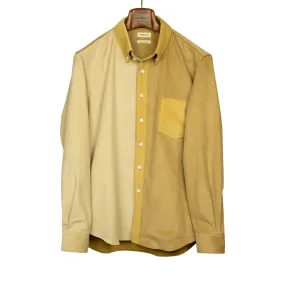 Paneled button down shirt in color blocked beige and golden cotton corduroy