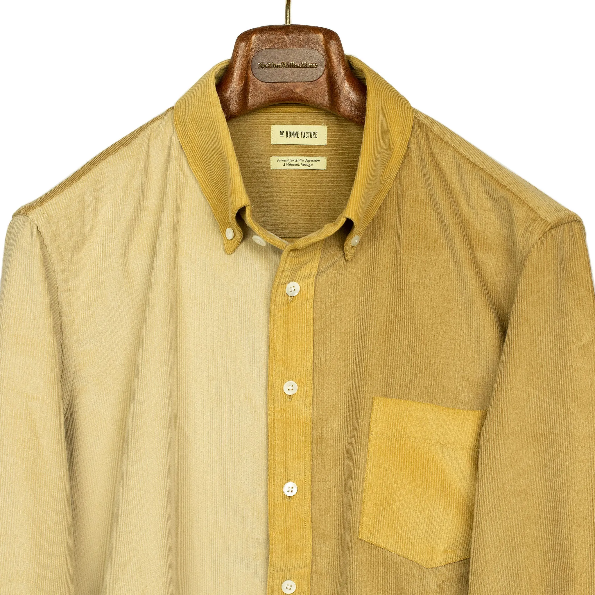 Paneled button down shirt in color blocked beige and golden cotton corduroy