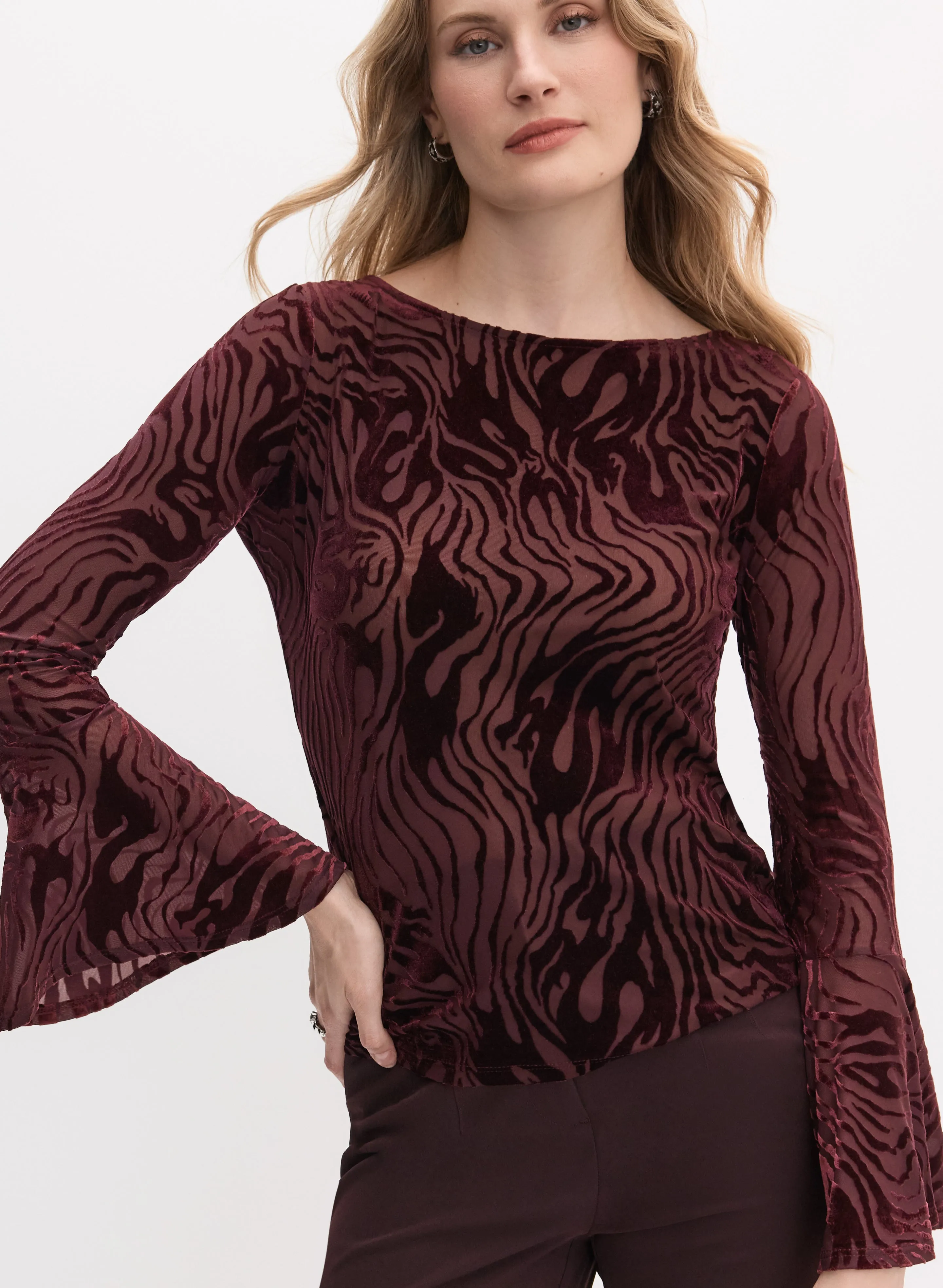 Patterned Velvet Bell Sleeve Top