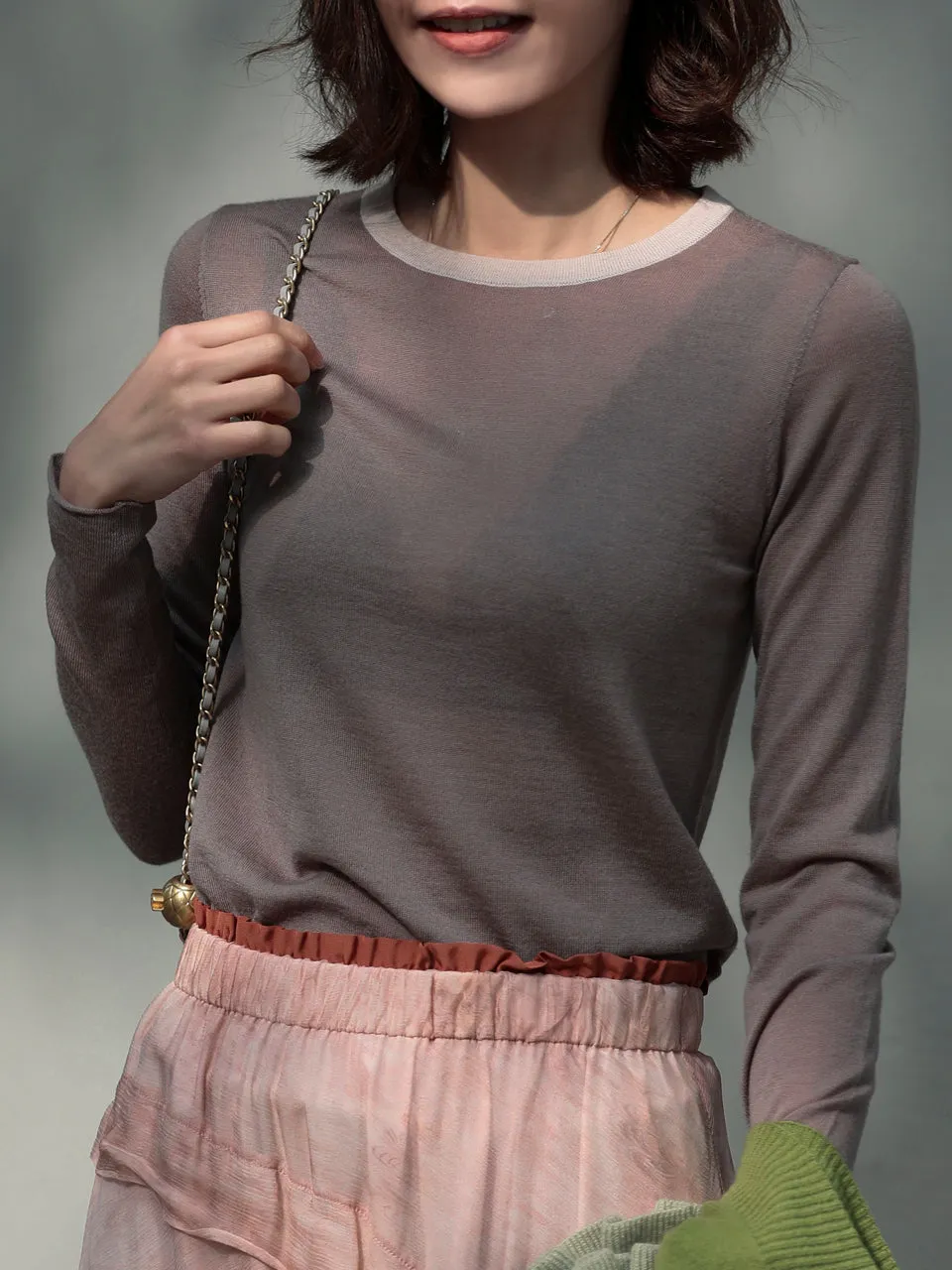 Pebble Taupe Contrast Trim Merino Wool Jumper