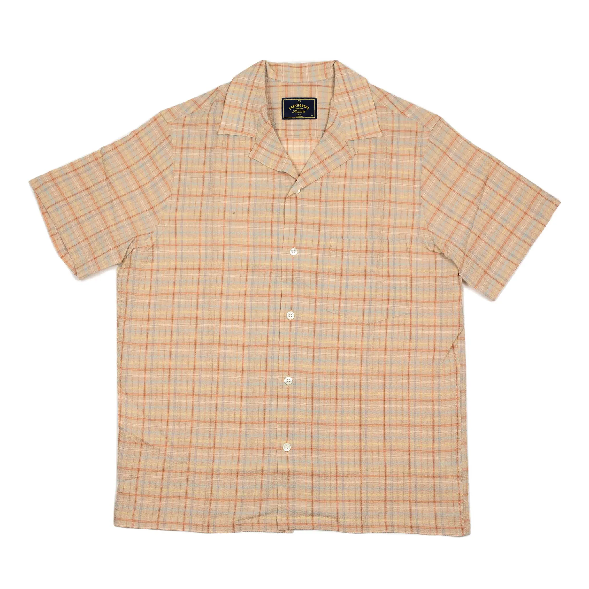 Plaid Crepe camp collar shirt in orange, beige, and blue plaid seersucker