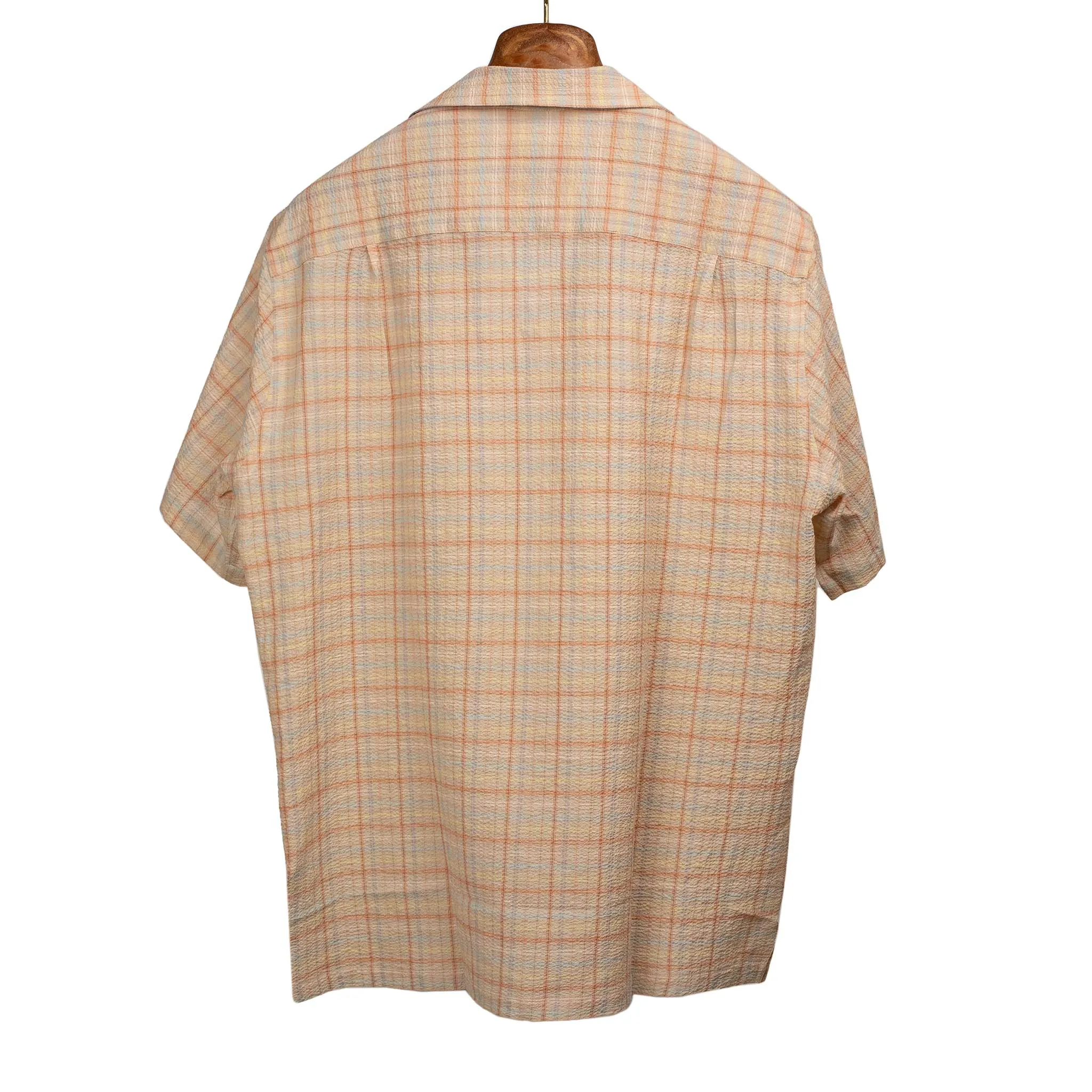 Plaid Crepe camp collar shirt in orange, beige, and blue plaid seersucker