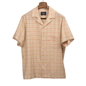 Plaid Crepe camp collar shirt in orange, beige, and blue plaid seersucker