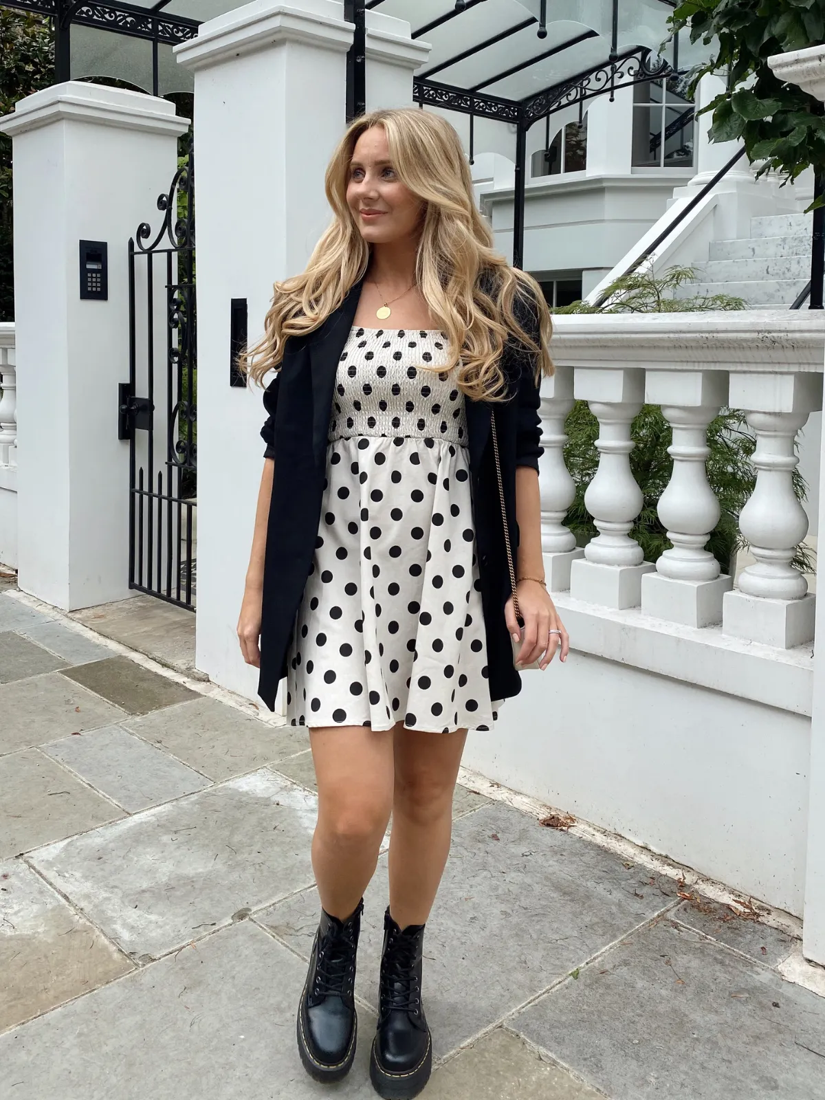 Primrose Stone And Black Spot Print Puff Sleeve Shirred Mini Dress