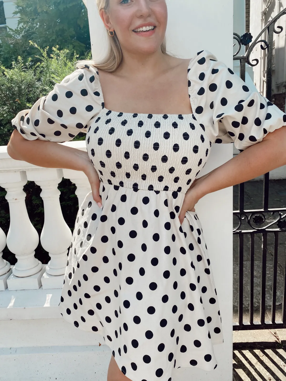 Primrose Stone And Black Spot Print Puff Sleeve Shirred Mini Dress