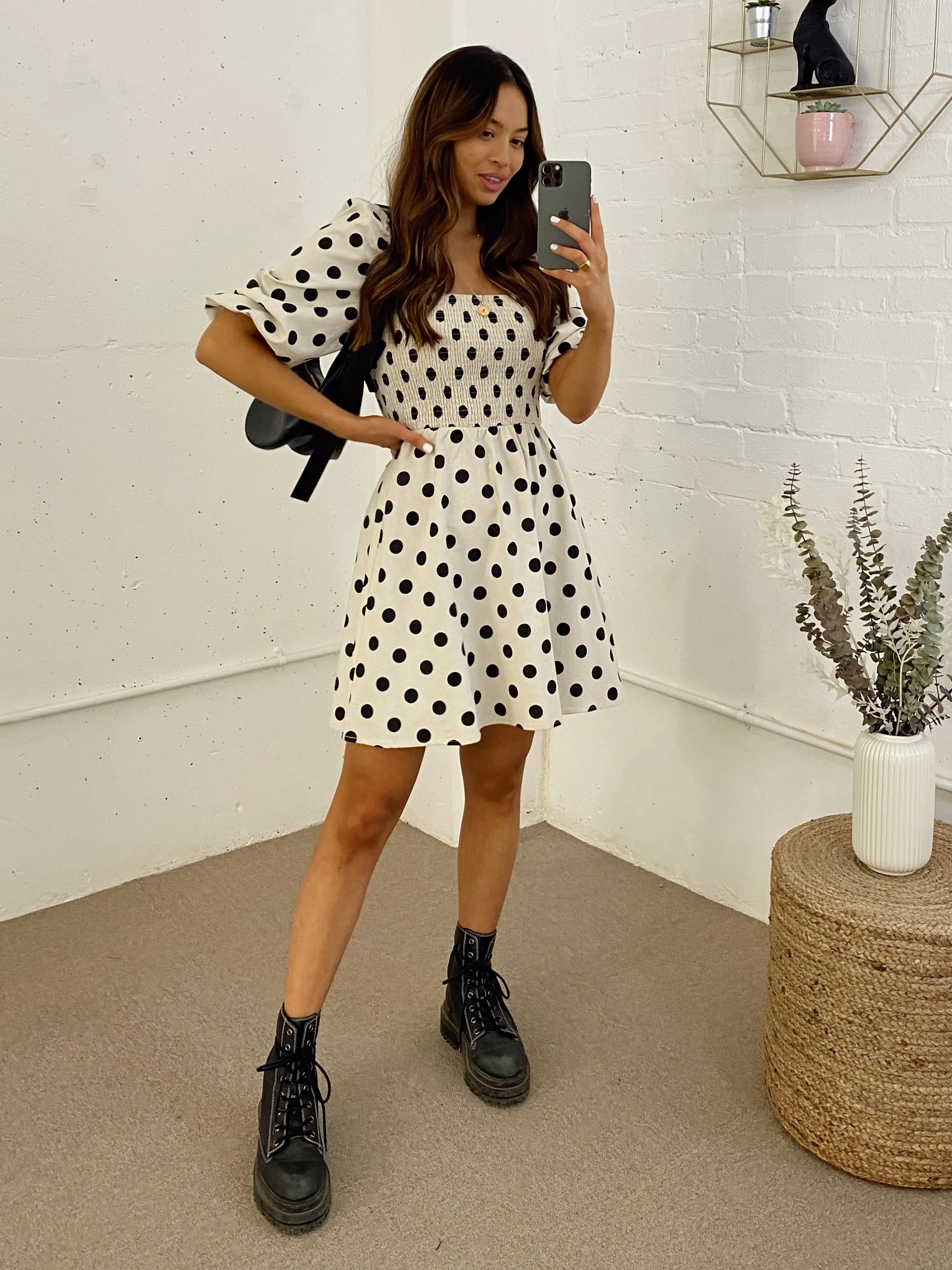 Primrose Stone And Black Spot Print Puff Sleeve Shirred Mini Dress