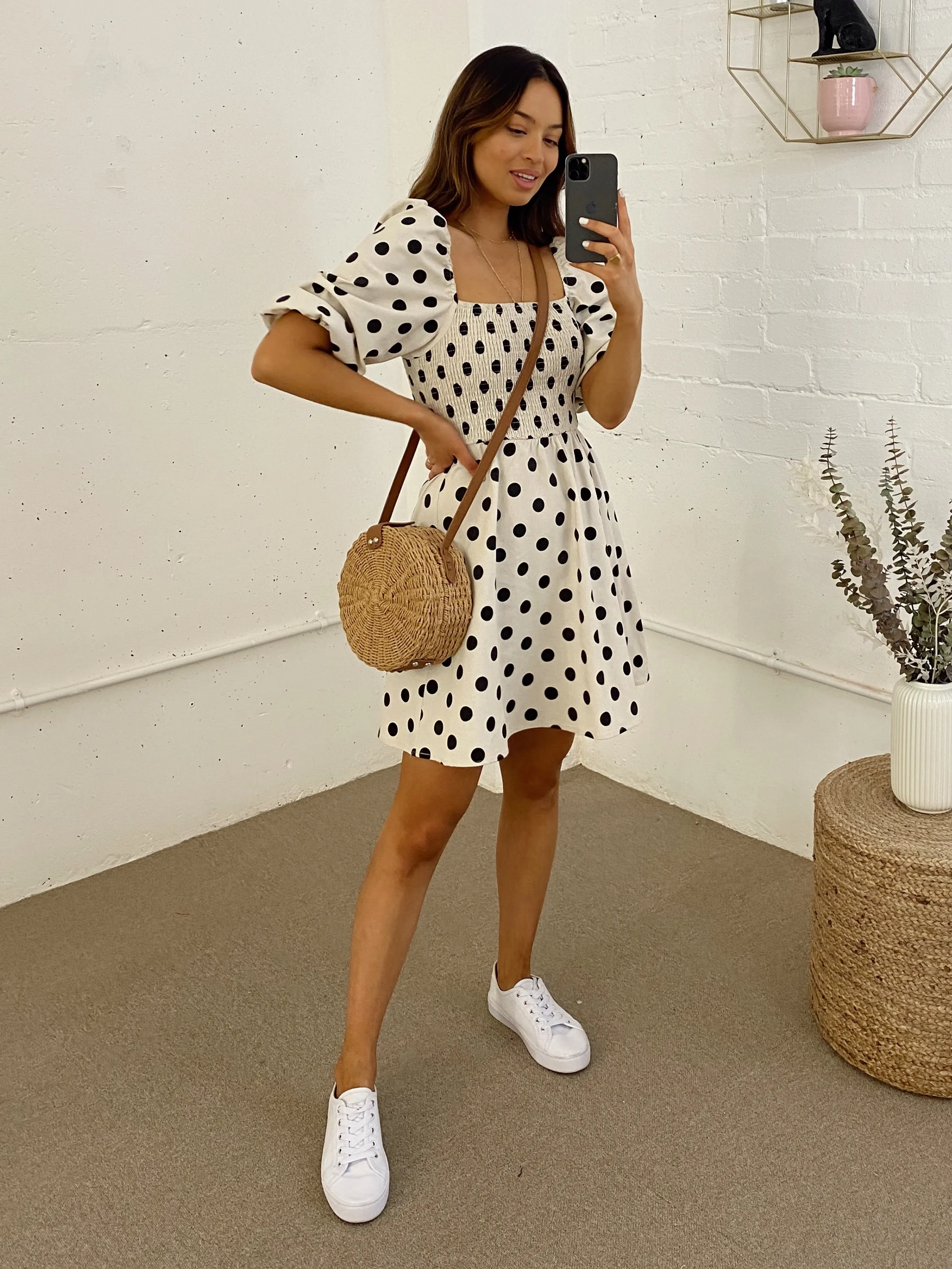 Primrose Stone And Black Spot Print Puff Sleeve Shirred Mini Dress