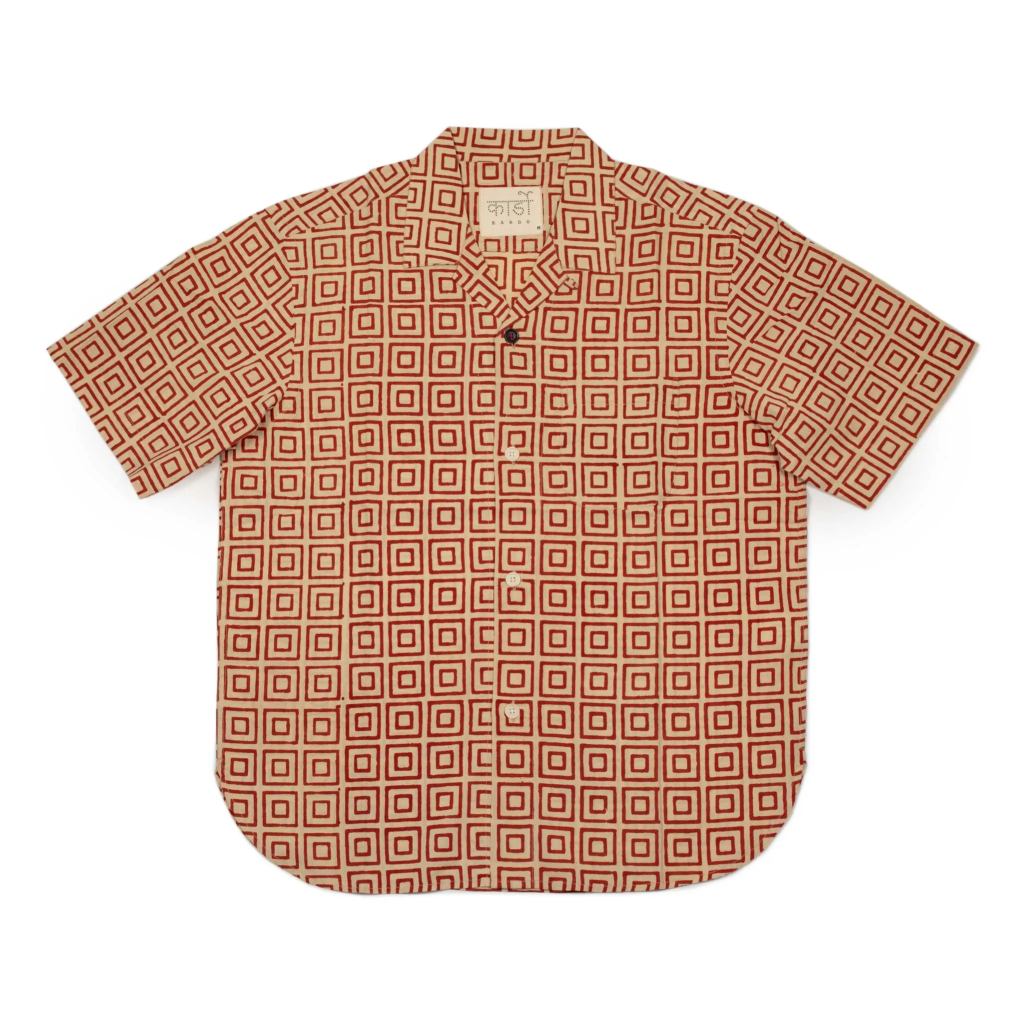 Ronen camp shirt in cotton with beige and red geometric block print