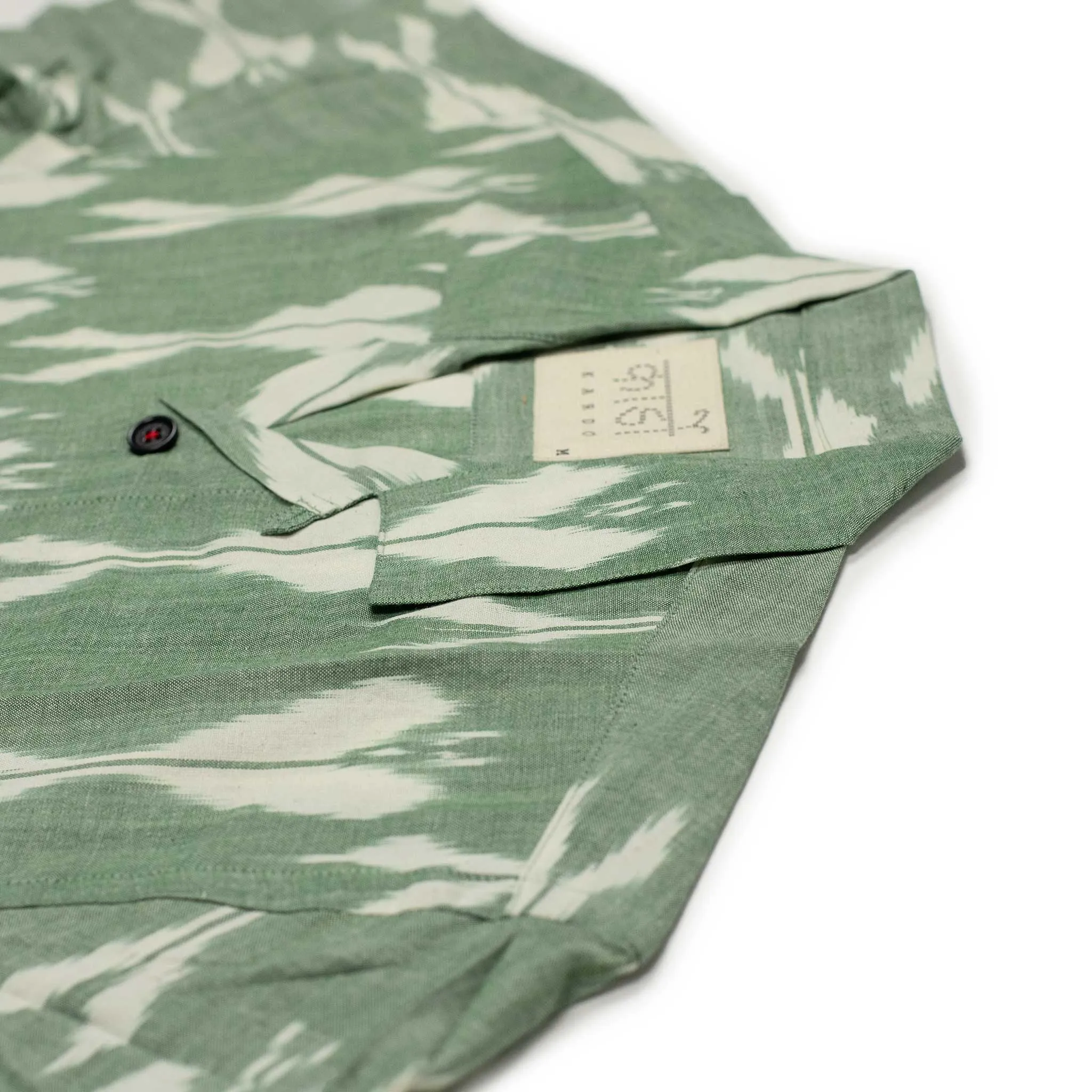 Ronen camp shirt in green traditional Ikat hand-loomed cotton