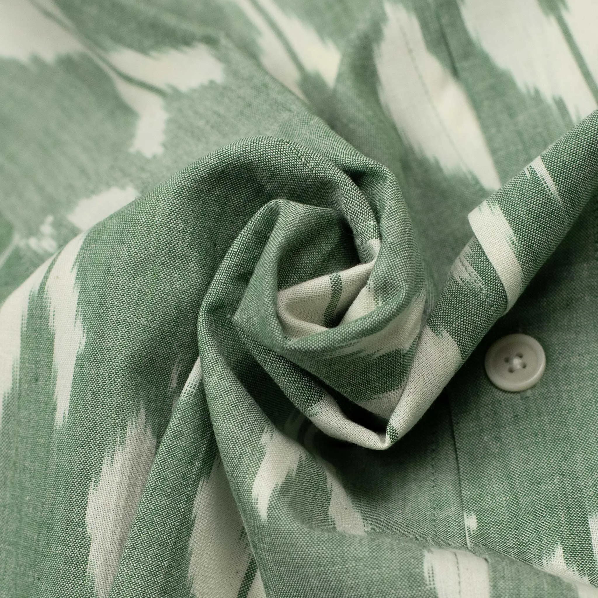 Ronen camp shirt in green traditional Ikat hand-loomed cotton