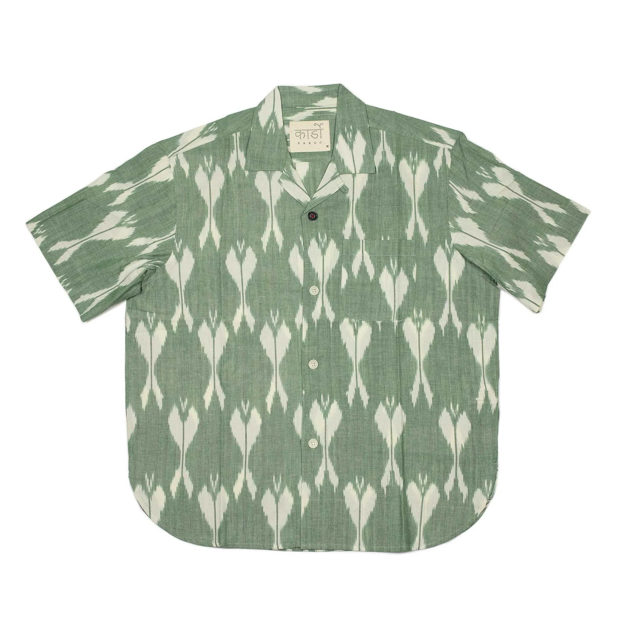 Ronen camp shirt in green traditional Ikat hand-loomed cotton