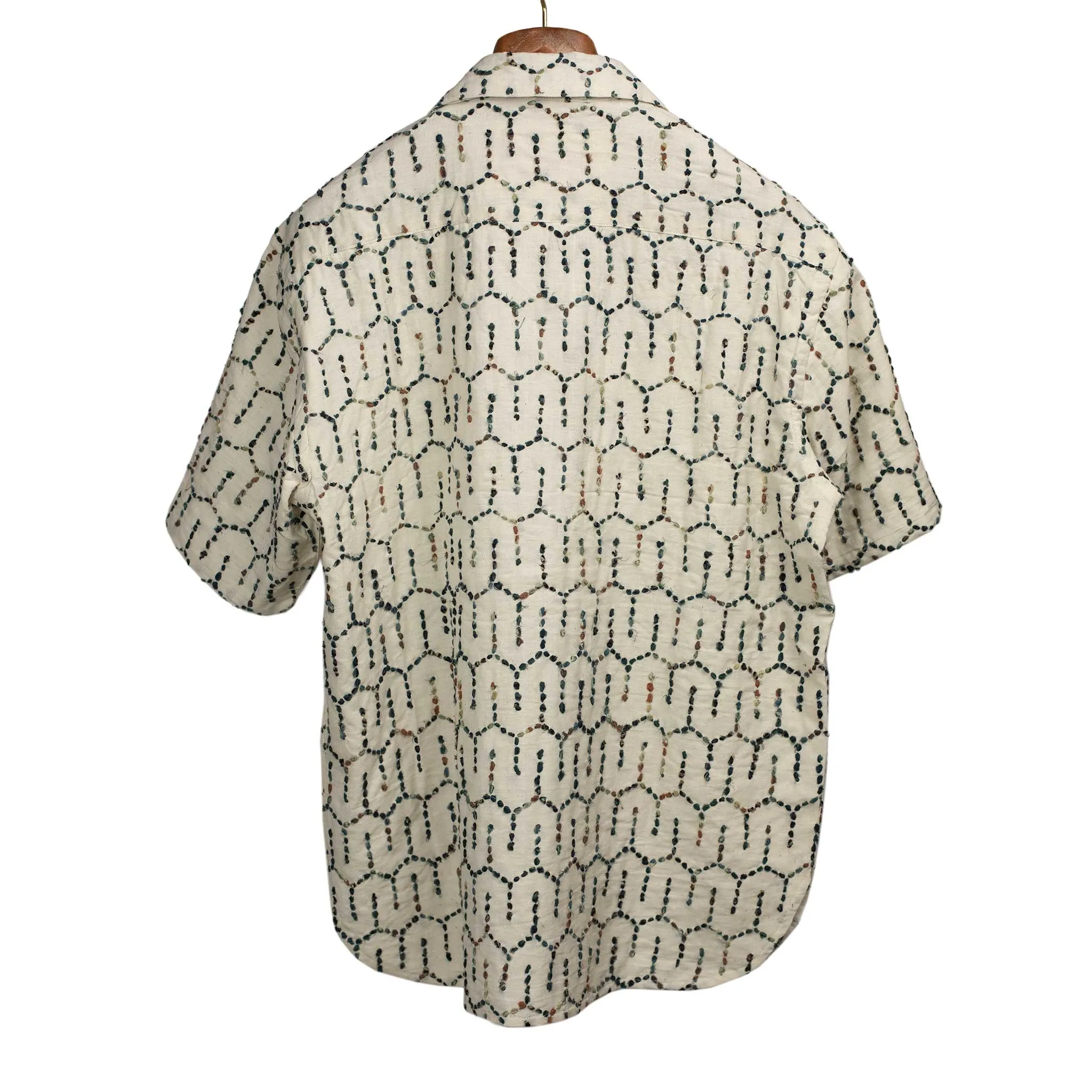 Ronen camp shirt in natural khadi cotton with honeycomb hand embroidery