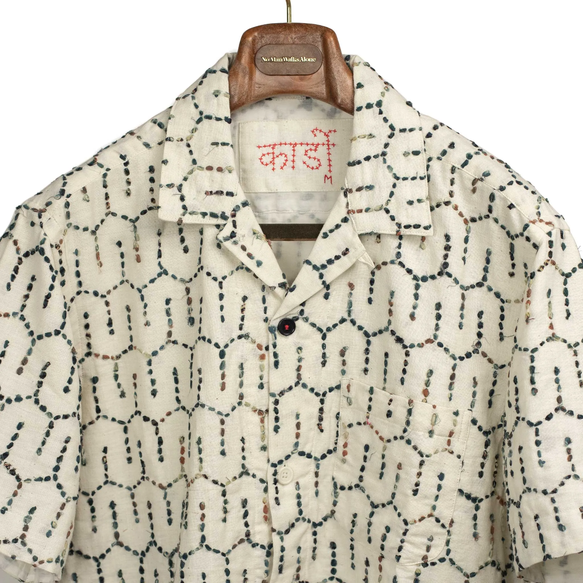 Ronen camp shirt in natural khadi cotton with honeycomb hand embroidery