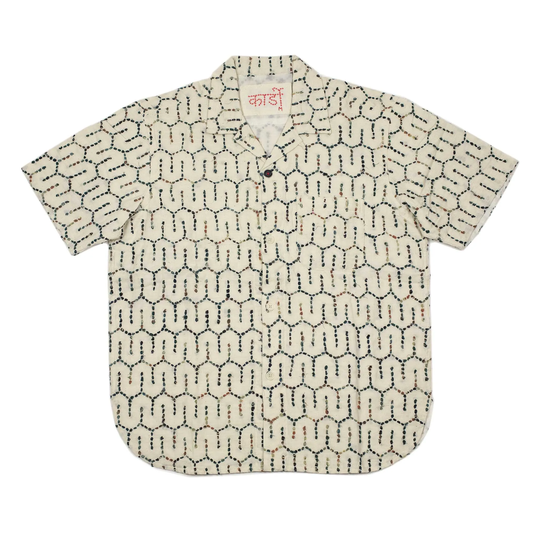 Ronen camp shirt in natural khadi cotton with honeycomb hand embroidery