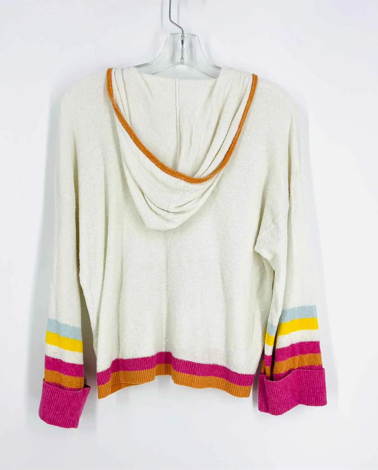 Size S Ivory/Pink Terry Stripe Hooded Designer Top-Long Sleeve