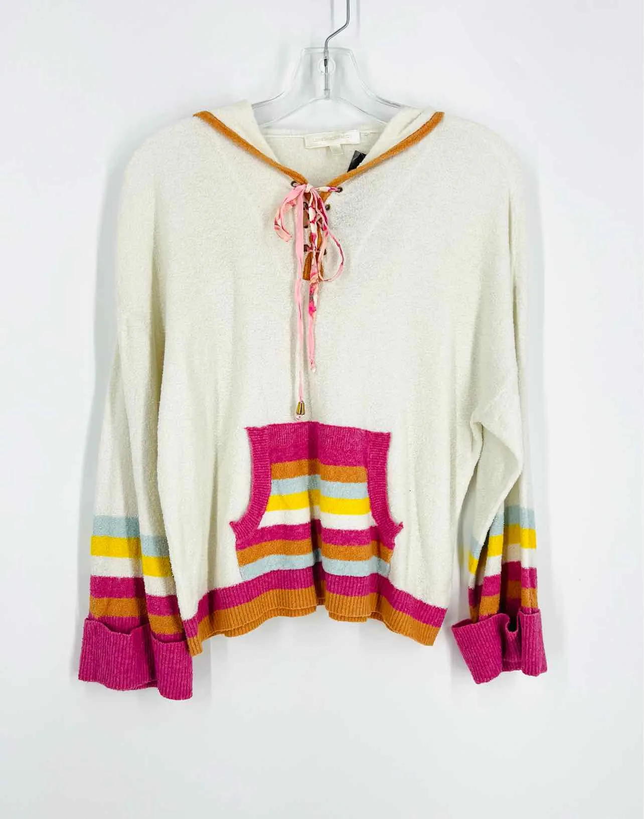 Size S Ivory/Pink Terry Stripe Hooded Designer Top-Long Sleeve