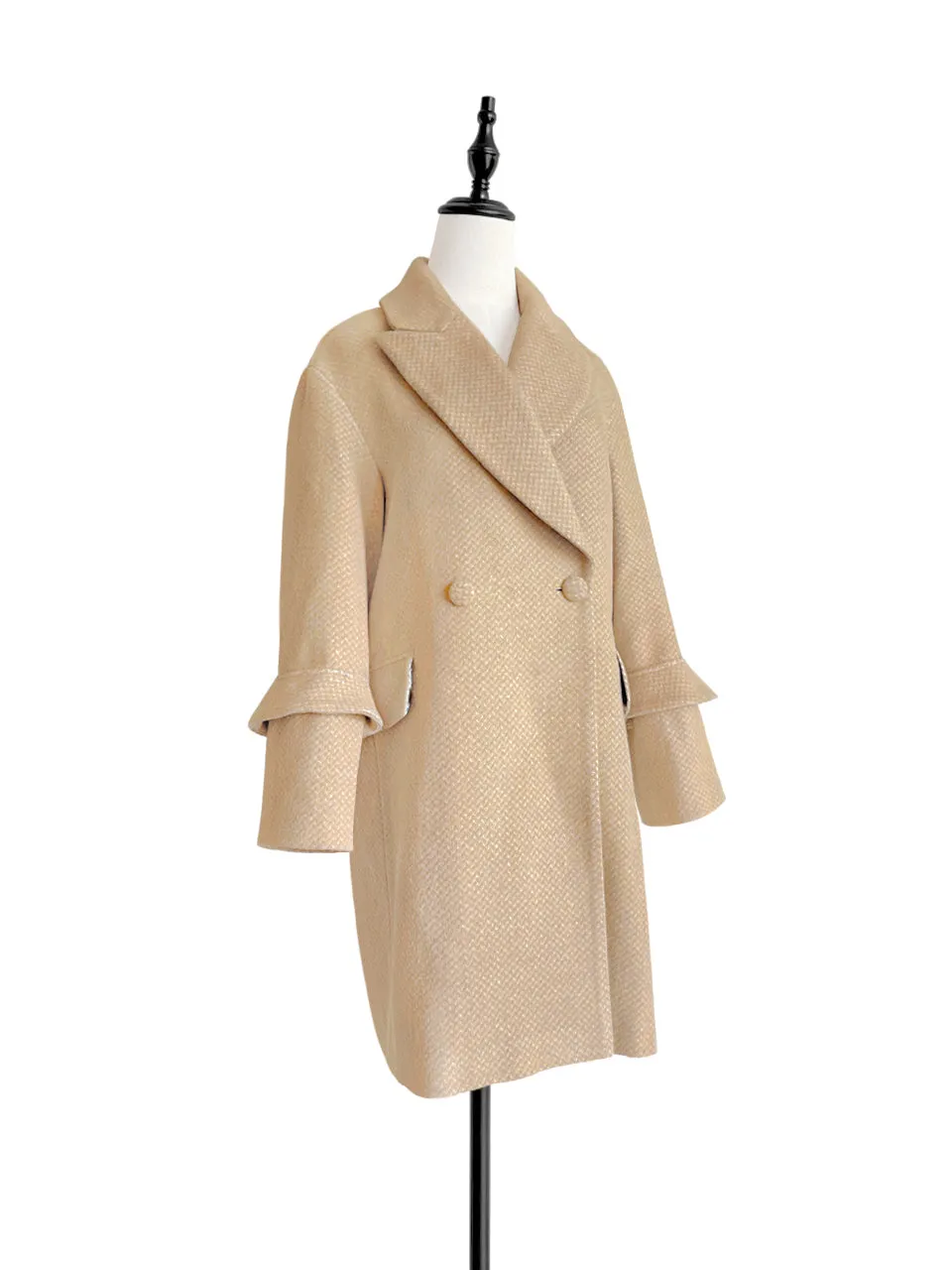 Surprise Sale! Beige Ruffle Trimmed Woollen Cocoon Coat