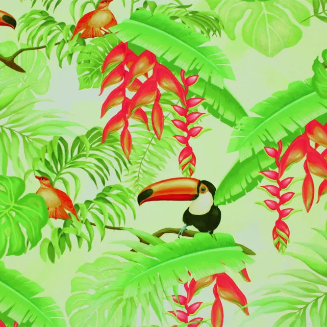 Toucans On Palm Leaves Printed Spandex Fabric | Blue Moon Fabrics