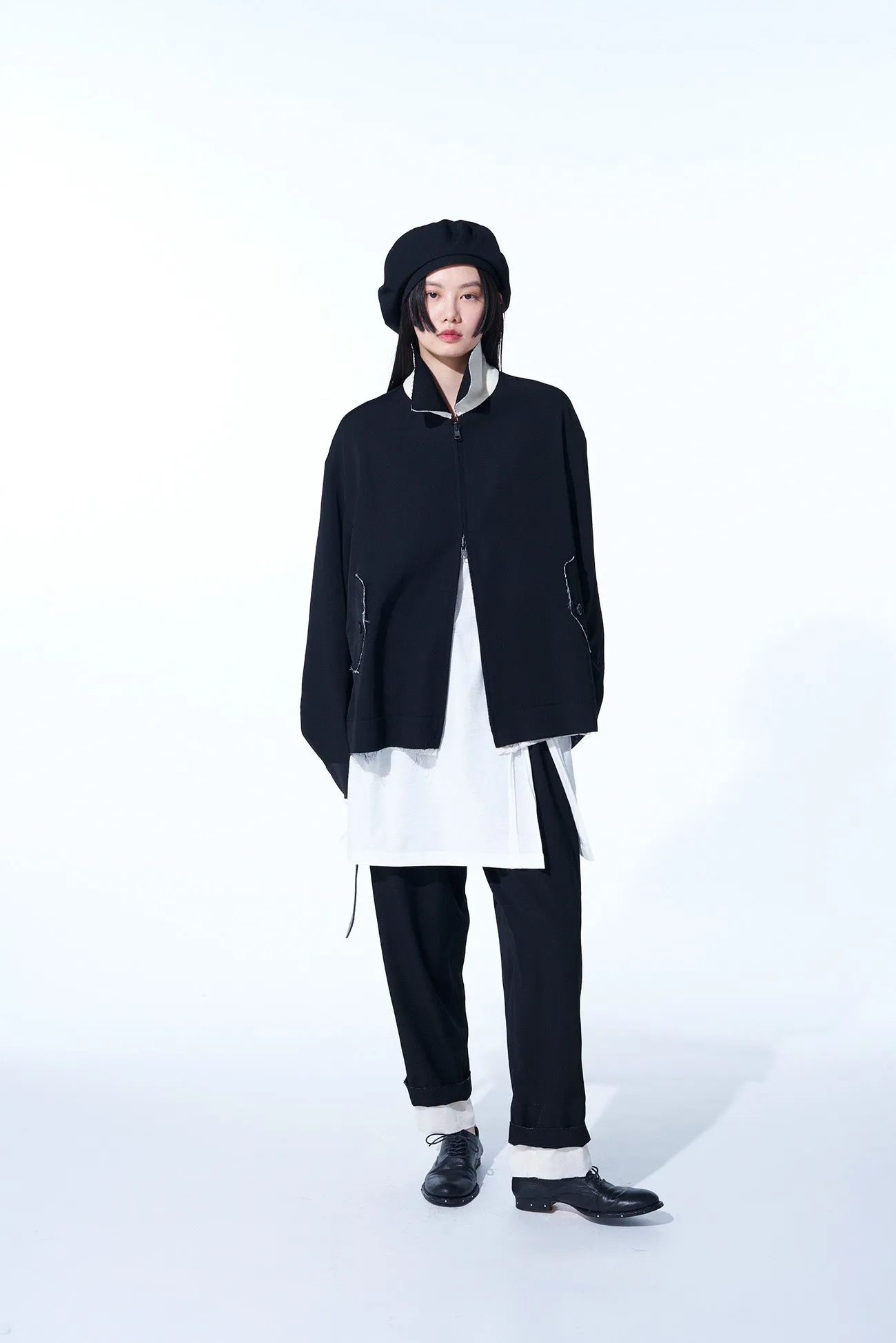 WASHER FINISHED WOOL GABARDINE OVERSIZED REVERSIBLE ZIPPER BLOUSON WITH CUT-OUT DESIGN