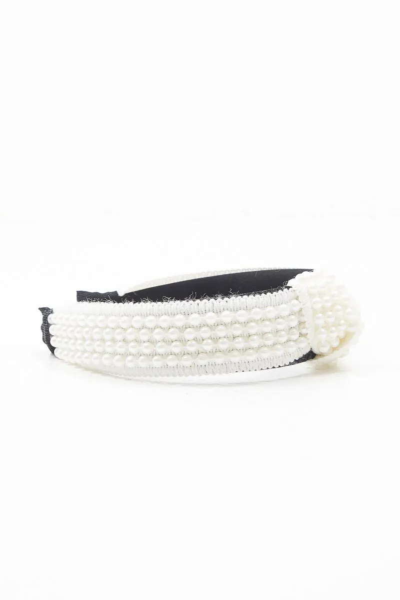 White Pearl Knot Detail Wide Hairband - Eugenie