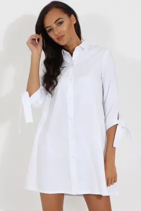 White Suede Tie Cuff Oversized Shirt Dress - Deborah