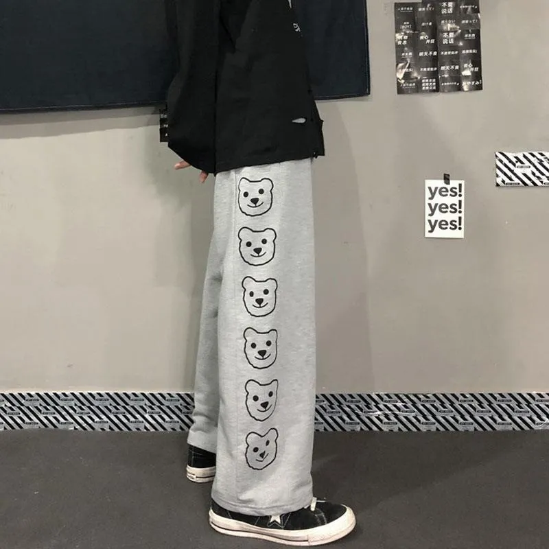 Wide-Leg Pants With Bear Pattern On Side