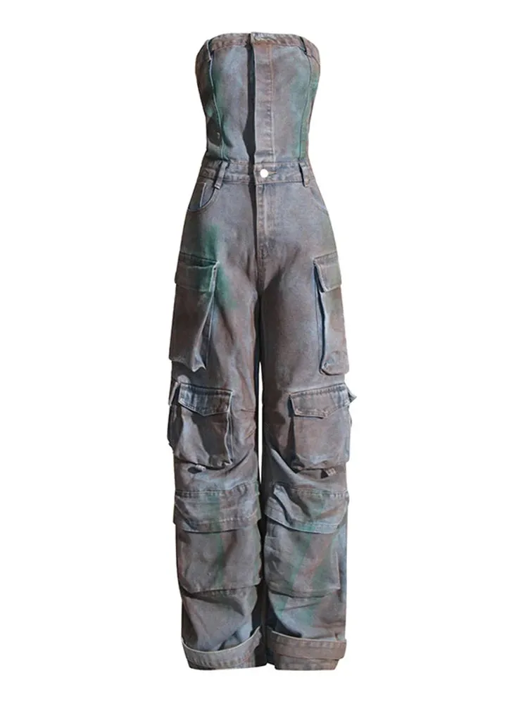 Women's Off-the-Shoulder Denim Cargo Jumpsuit